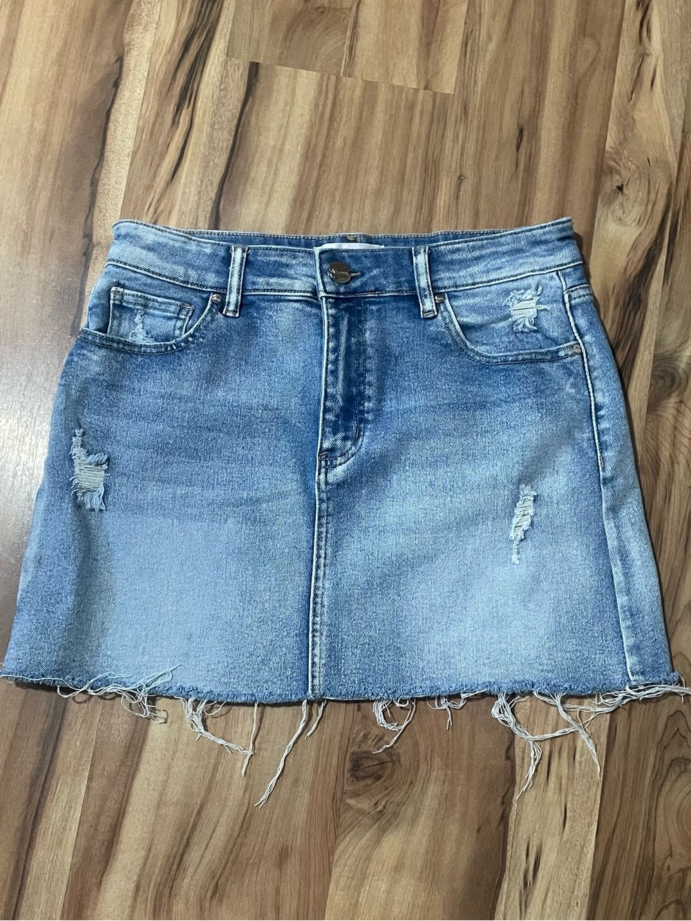 VIPONES Ripped Denim Mini Skirt- Frayed Raw Hem Jean Skirt Size 8